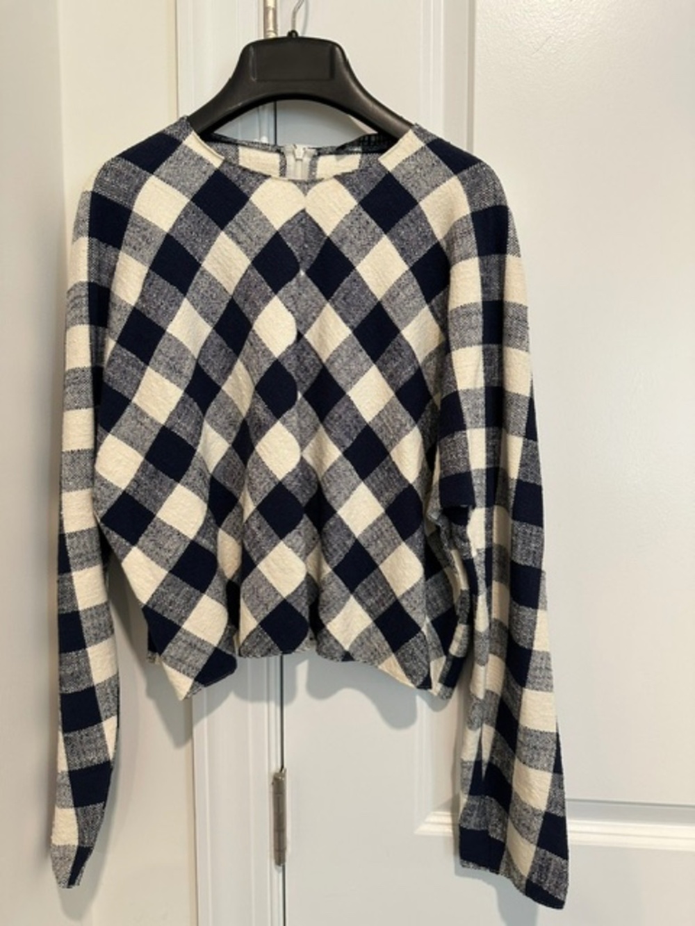 ZARA NWT NavyBlue/Ivory Buffalo Check Cotton/Linen Long-Sleeve Top, Medium